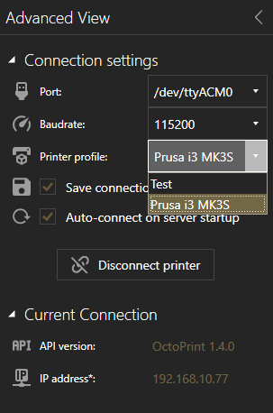 Verbindungsdaten zu OctoPrint