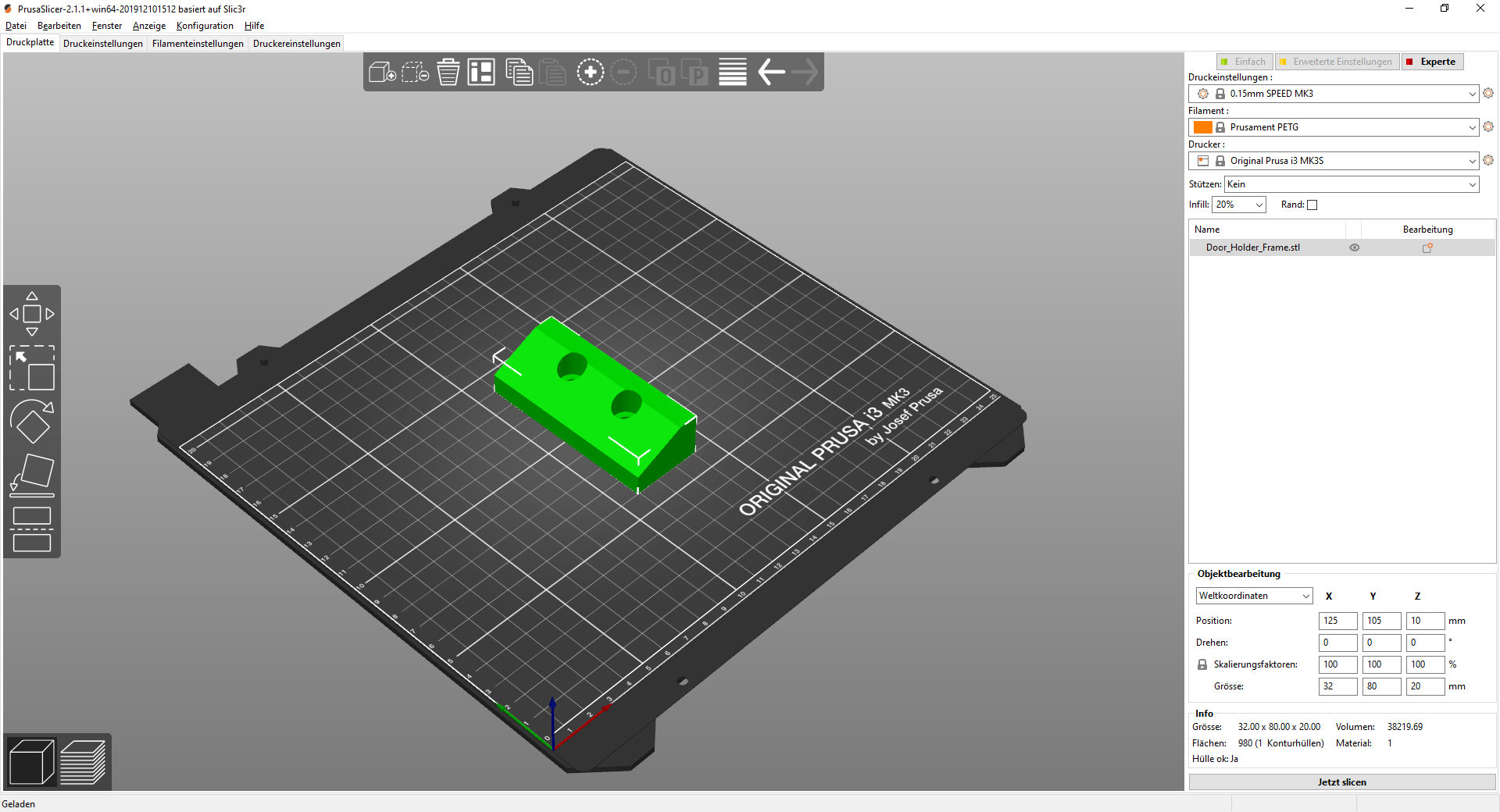 Geöffneter Slicer mit übergebener Stl-Datei