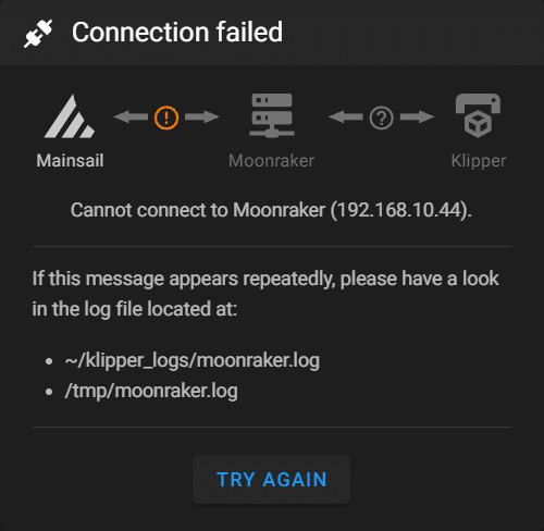 Connection failed image from MainsailOS